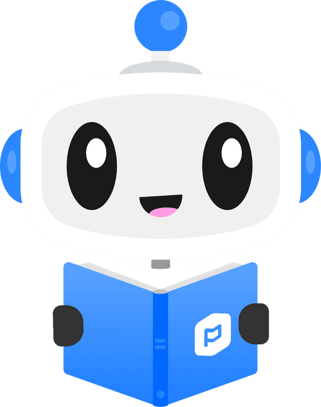 Cartoon robot smiling while reading a book.