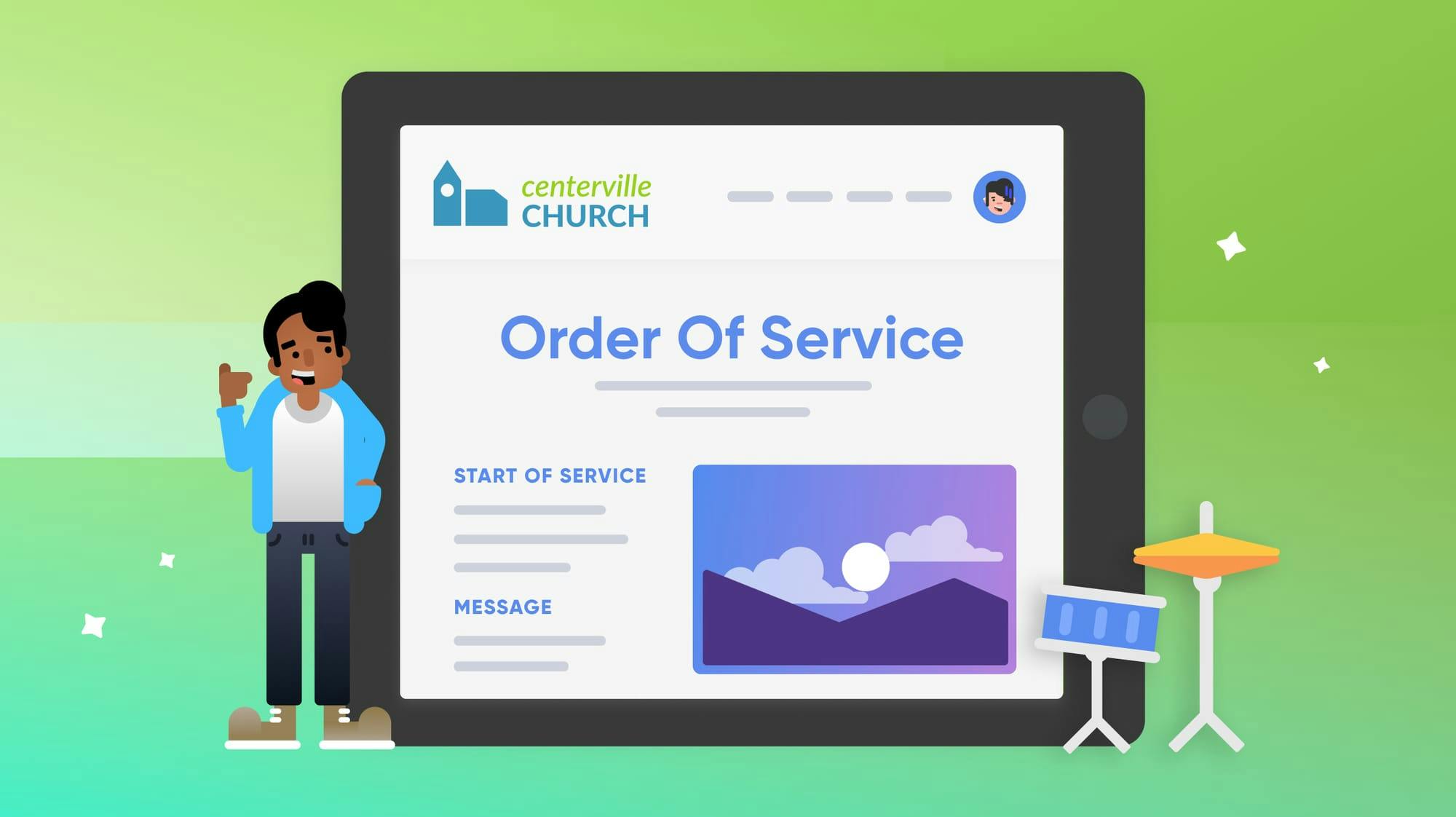 A man standing next to a tablet with an order of service on the screen on a church's Church Center page.