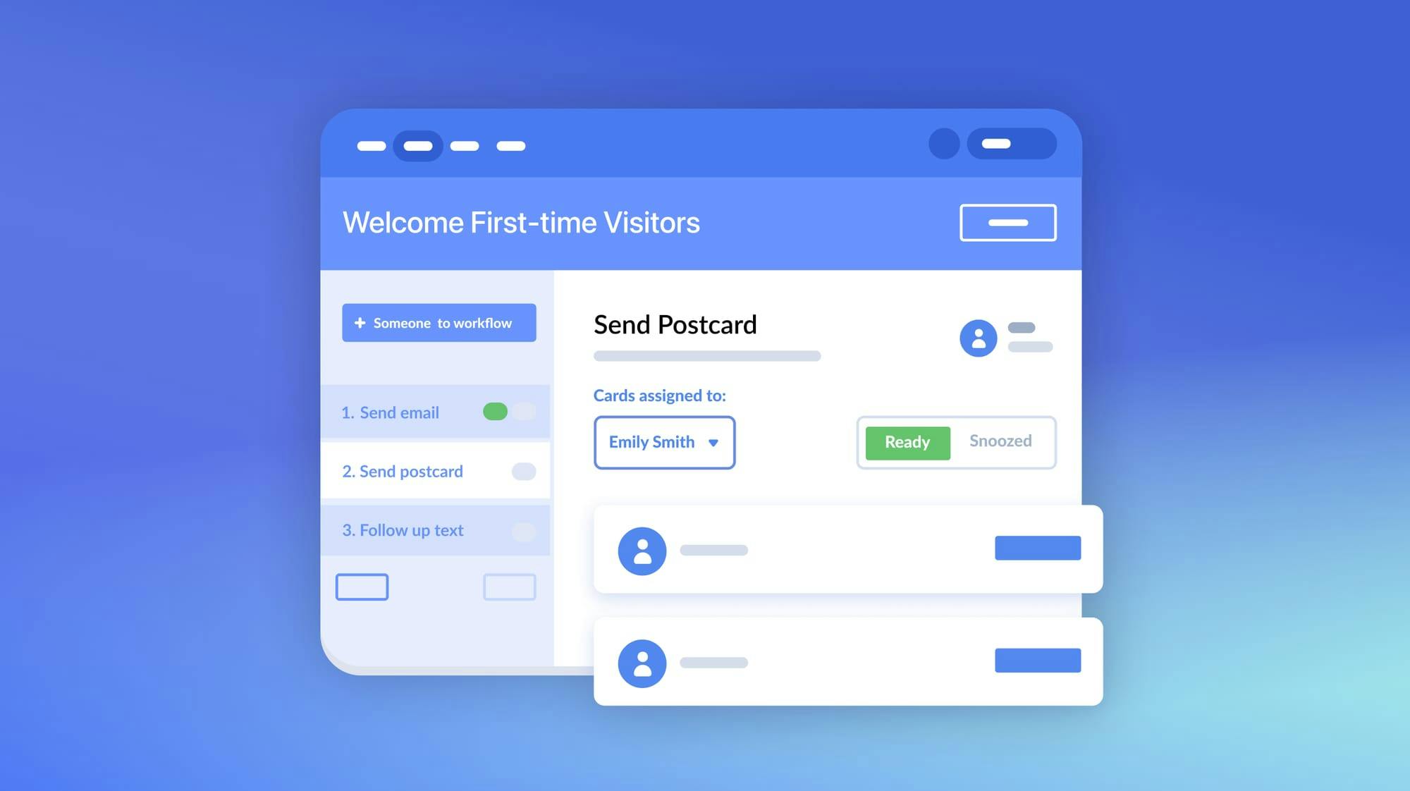 A workflow in Planning Center with two workflow cards assigned to a volunteer.