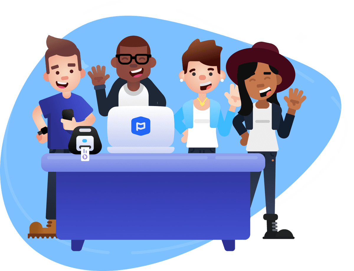 Four smiling people standing behind a desk with a laptop and label printer on top.