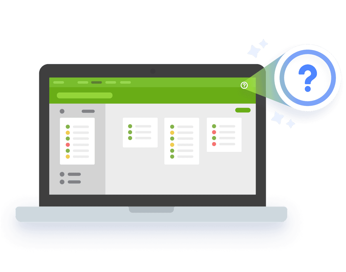 An open laptop displaying Planning Center Services with the help option question mark in the top-right corner enlarged.