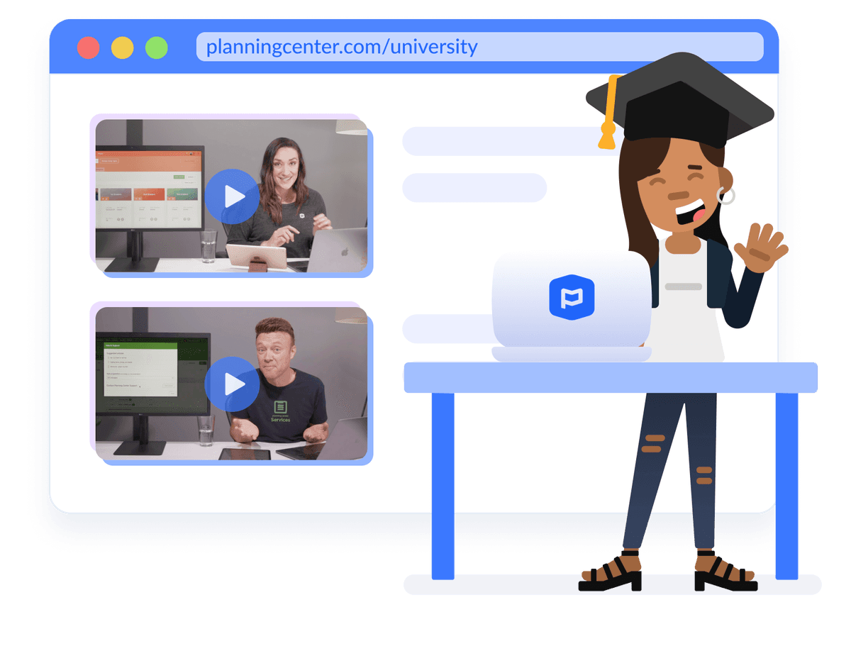 Smiling woman in a graduation cap standing at the table with a laptop on it next to a browser window with two videos.