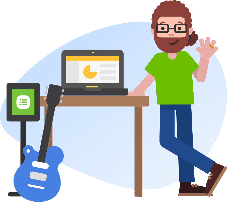 A bearded man and electric guitar leaning against a desk with a laptop on top displaying a pie chart.