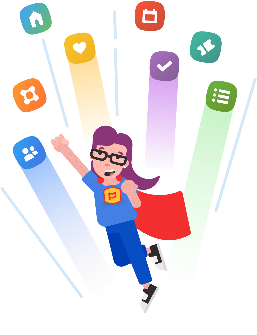 Planning Center female employee with a red cape flying among platform product icons.