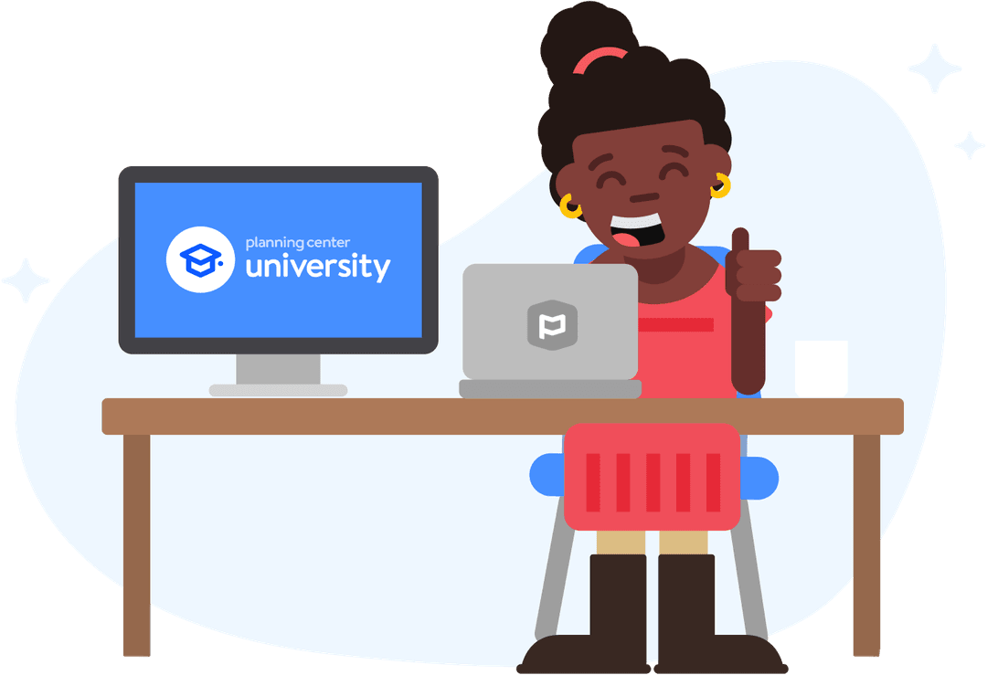 Smiling woman sitting at a table with a laptop and monitor with Planning Center University logo giving a thumbs up.