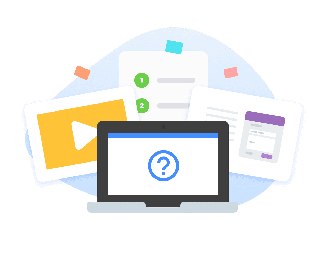 Open laptop with question mark on the screen and web application windows floating in the background.