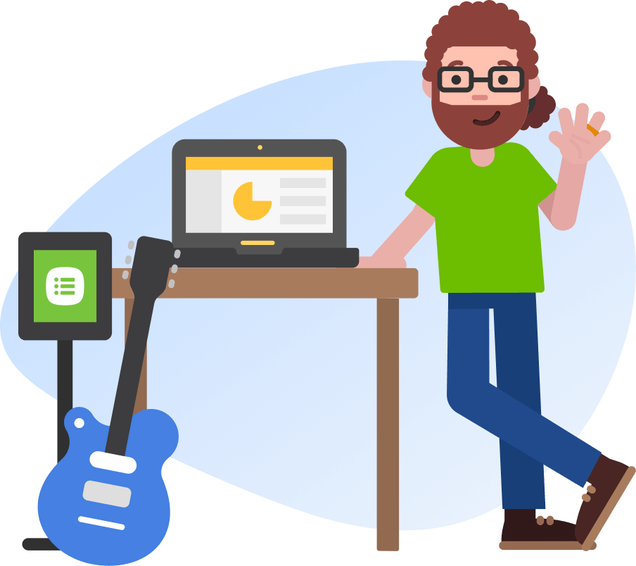 A bearded man and electric guitar leaning against a desk with a laptop on top displaying a pie chart.