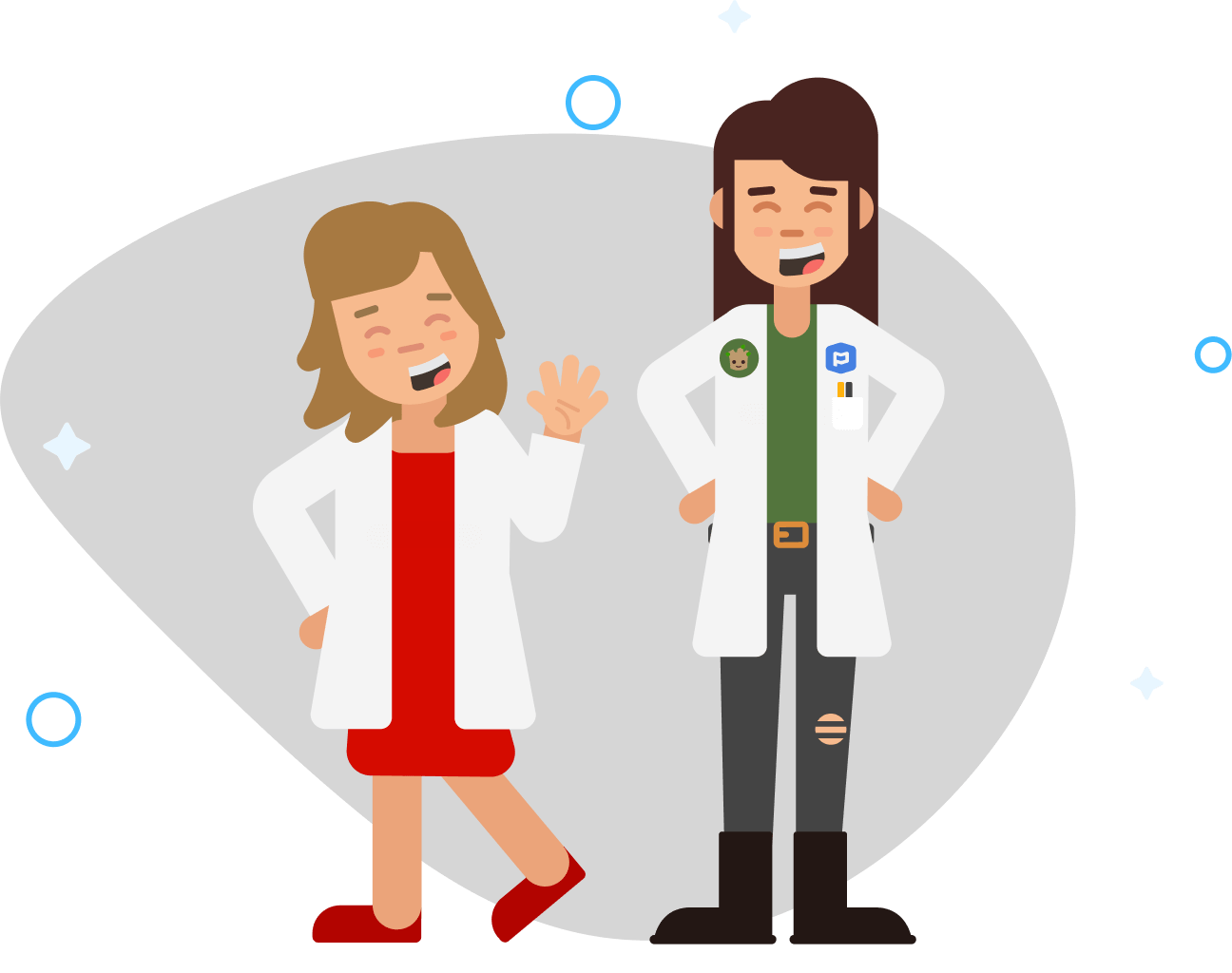 Two smiling women standing together wearing white lab coats.